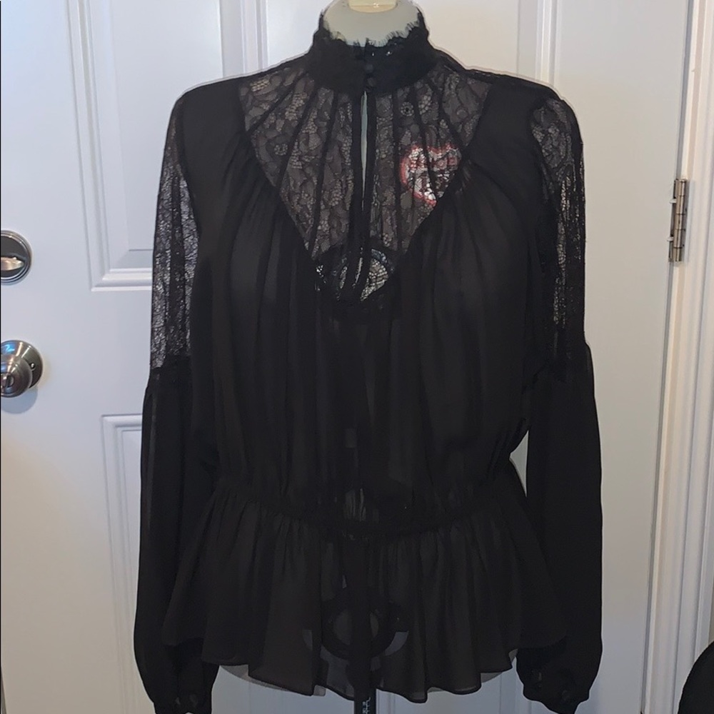 Express high neck l/s chiffon/lace blouse